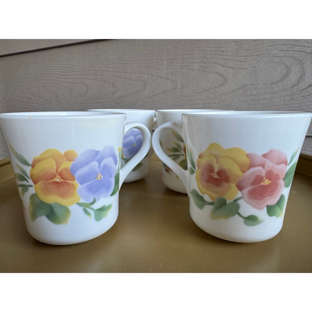 Vintage Corning Floral Coffee Mugs, Set of 4 (Pansy Pattern – USA)